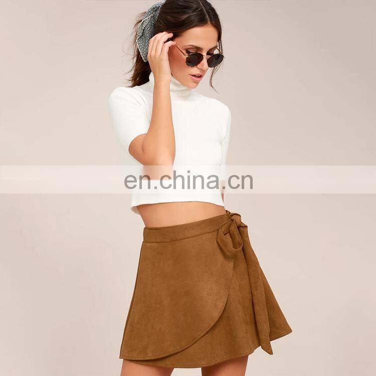 New customized wholesale promotional reversible tan suede magic wrap mini skirt