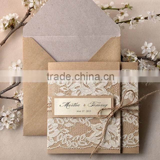 Hot sale elegant & personalized white lace wedding invitations with purple&white ribbons