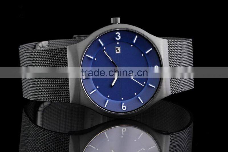 Eco Solar Watches Men's Slim Solar Sapphire Crystal Blue Dial Mesh Strap Watch