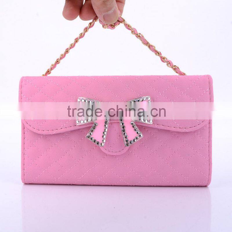 Wallet Design Bright Grid Handbag Magnetic Flip PC PU Leather Case for Samsung Galaxy S6 with Rhinestone Bowknot Buckle