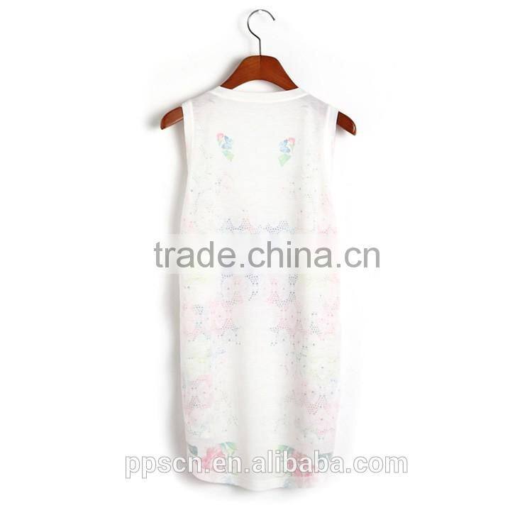 Latest fashion white printed sleeveless ladies tops for women