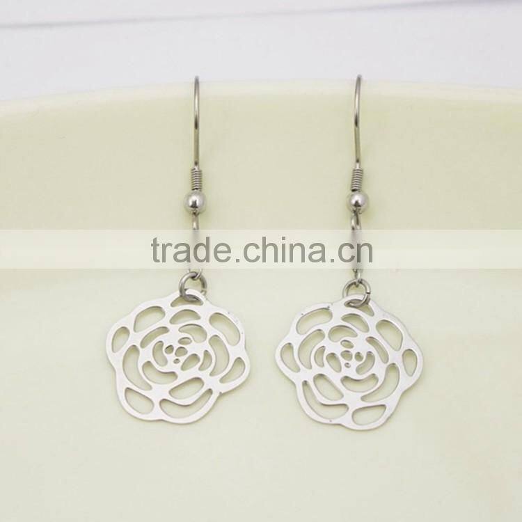 Two Tone Simple Long Stainless Steel Flower Drop Earring
