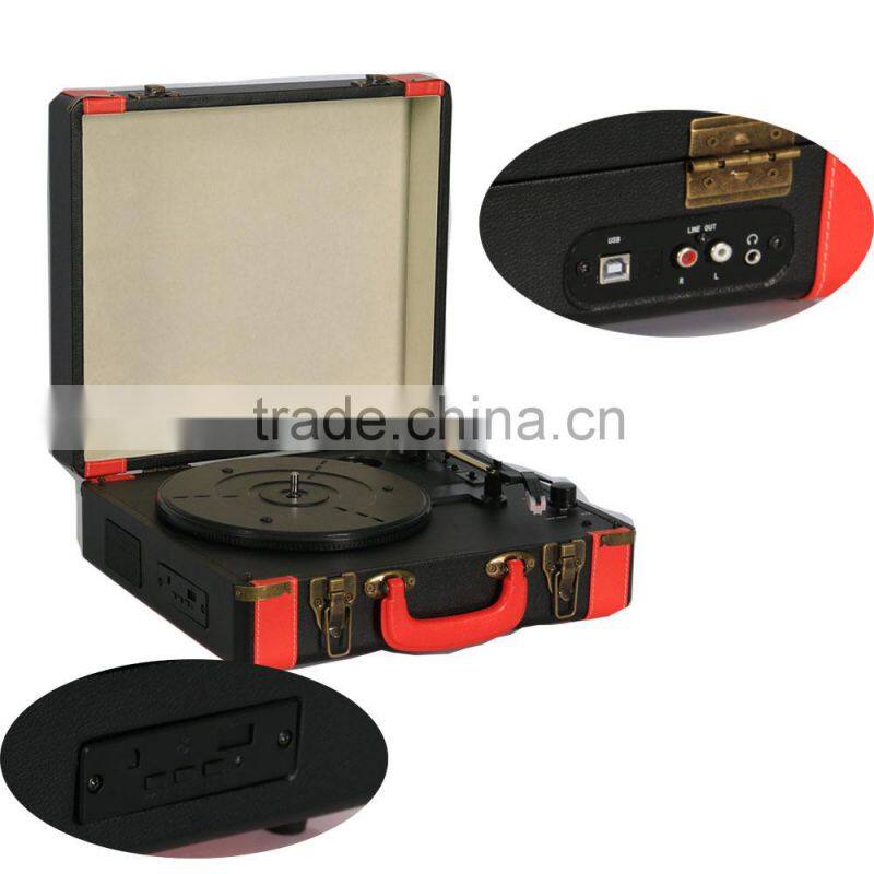 Retro portable suitcase gramophone turntable player for iphone connecting