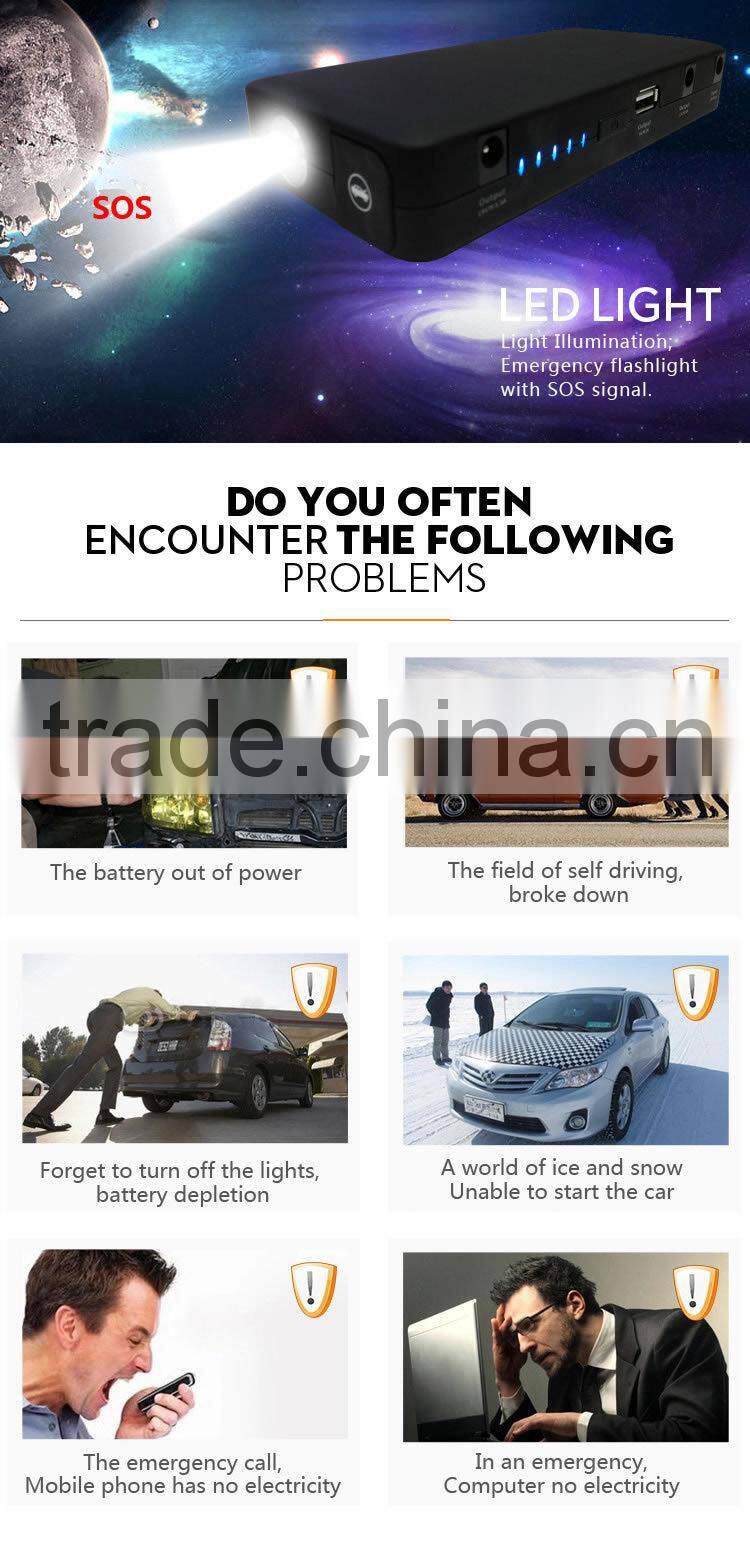 12000mAh 12v 3 in 1 USB interface, glare LED flashlight, 8 laptop adapters emergency12v mini snap on emergency car jump starter