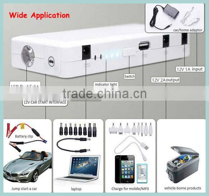 12000mAh 12v 3 in 1 USB interface, glare LED flashlight, 8 laptop adapters emergency12v mini snap on emergency car jump starter