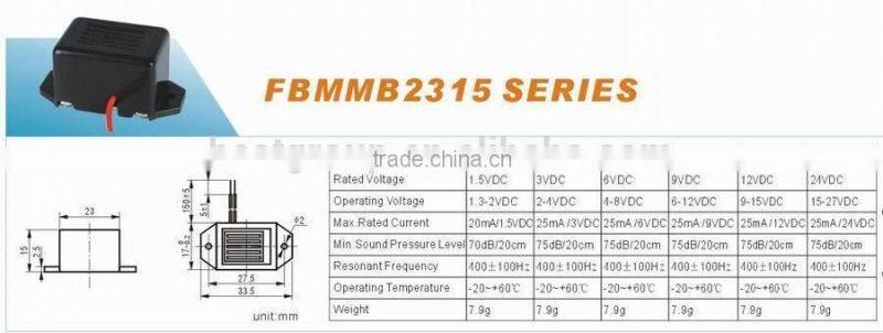 cheaper 1.5v 75DB 12mm wire piezo buzzer FBMMB2315A
