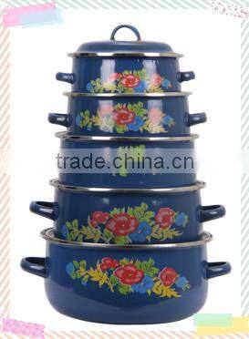 New design practical Blue Enamel Cookware Set Kitchenware Enamel Pot 5 Pcs Stock Belly Pot With Double Handle