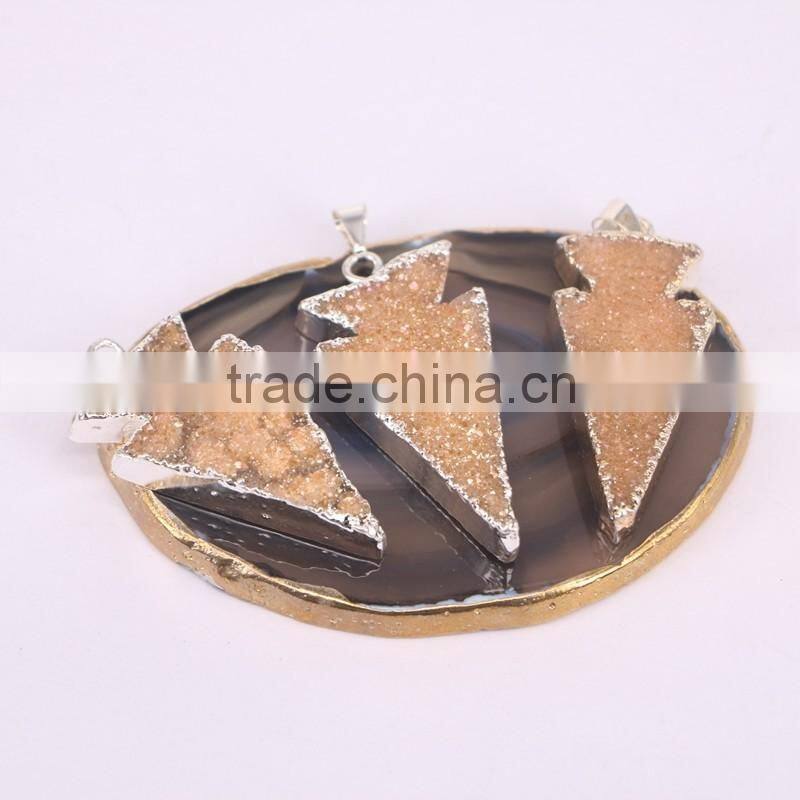 Arrow shape Quartz Gem Stone Druzy Pendant, Gold / Silver Plated Titanium AB Orange Crystal Drusy Stone Pendant