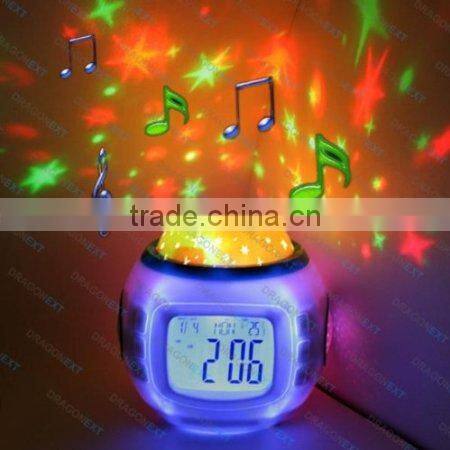 music and starry sky calendar/LED light clock/time date week and thermometer table alarm