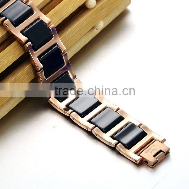 Men's Shiny Polished Two-Tone Gold ,Black Ceramics&Stainless Steel Magnets Link Bracelet