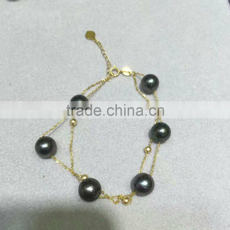 AAA 7.5-8mm black Japanese Akoya pearl with gold chain bracelet