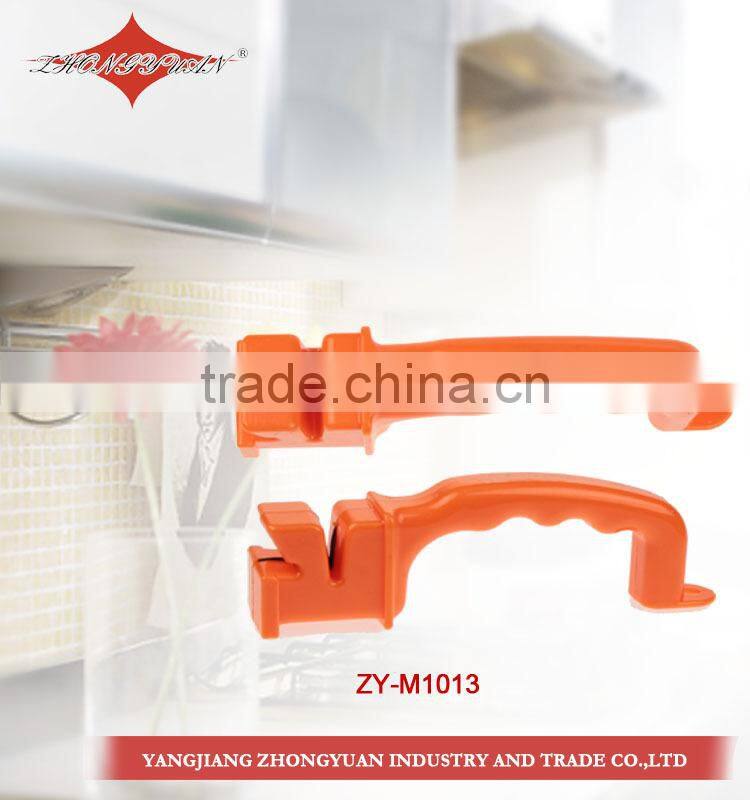 Precision edge 2 stage knife or scissors sharpener with full length safety handle