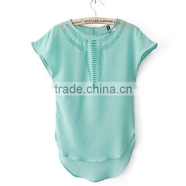 NEW 2015 summer Women's Clothing Blouses Shirts Chiffon Front Hollow Out Vintage Short Batwing Sleeve Shirt Top 6 Colors