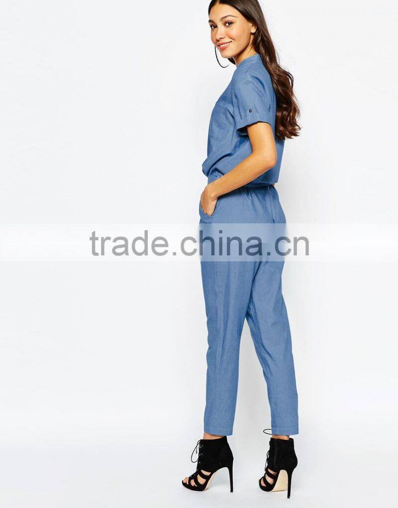 2015 China factory OEM ODM fashionable customized Chambray Jumpsuit with D Ring Belt