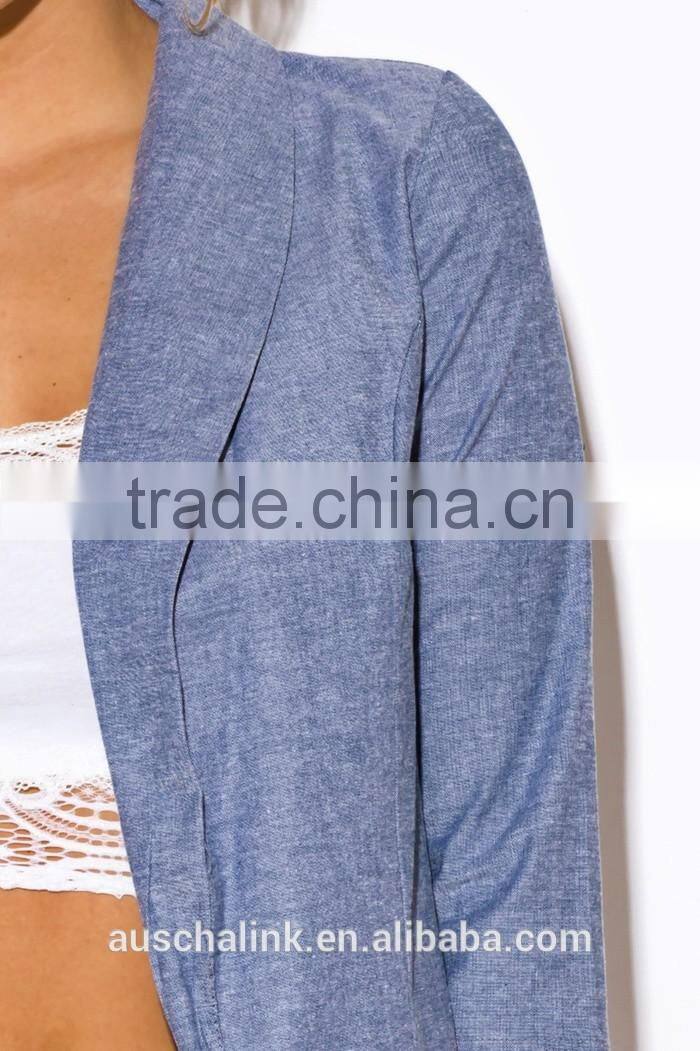 hot sale blue chambray open blazer for women 2016