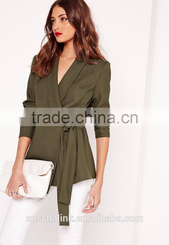 latest lady khaki tie front casual soft blazer elegant design
