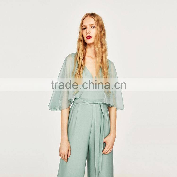 HAODUOYI Light Green Patchwork Women Jumpsuit V-neck Half Sleeve Sashes Elegant Culottes Perspective Lady Jumpsuit for Wholesale