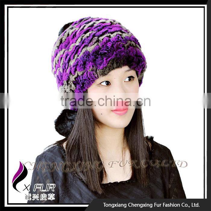 CX-C-111B Wholesale Custom Knitted Winter Rex Rabbit Fur Pom Pom Hat