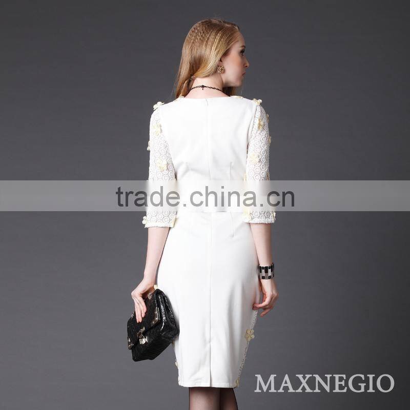 Hot fitting tailor black lace knee length white party dresses with waistband