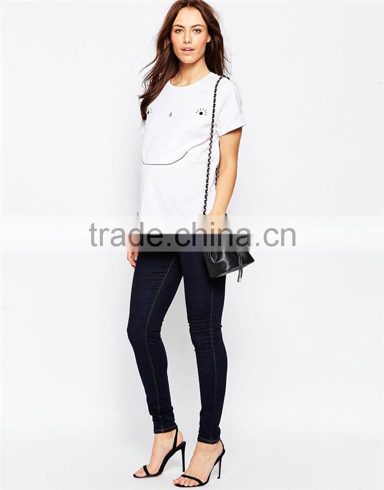 Loose casual maternity white t shirts OEM embroidered smile face t shirt wholesale blank maternity t shirts