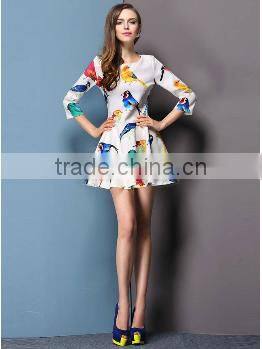 Casual 2015 Summer Style Sexy Bodycon Birds Print O Neck Pleated Party White Dress Women Vestidos Cheap Clothes China
