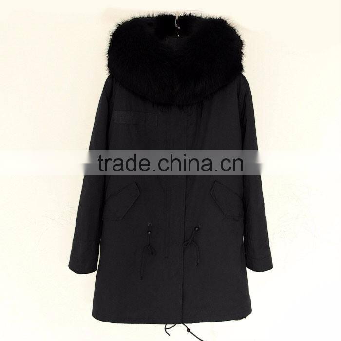 Myfur Hot Sale Black Cotton Women Men Parka with Real Black Raccoon Fur Collar Trimmed Hood