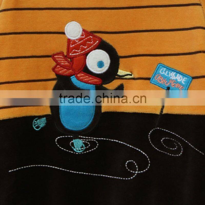 Fall and winter season velour baby footie romper with animal patch and embroidery