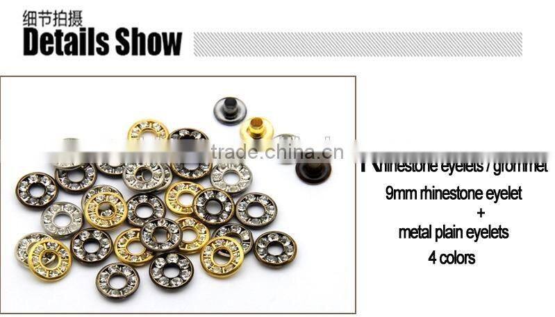 4 colors 9mm round metal brass rhinestone eyelets crystal diamond grommets glass eyelets RE-9mm-001