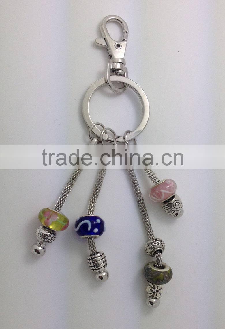 European Charm Keychain Silver w/ Multi-Color & Silver Glass Beads,Plated Key Chain for Glass Beads