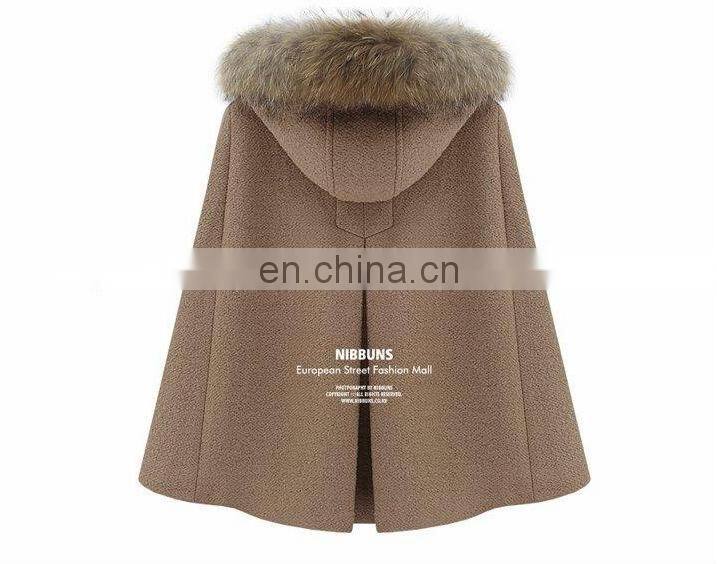 Fashion fur collar poncho with a hood overcoat outerwear red meters camel