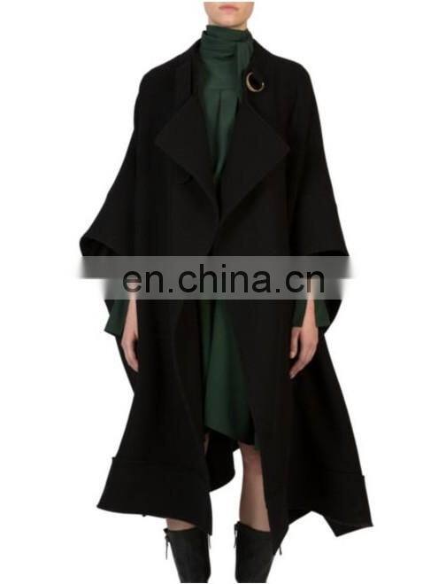 Ladies oversized wool-blend cape buckled collar open front heating mantle dust coat