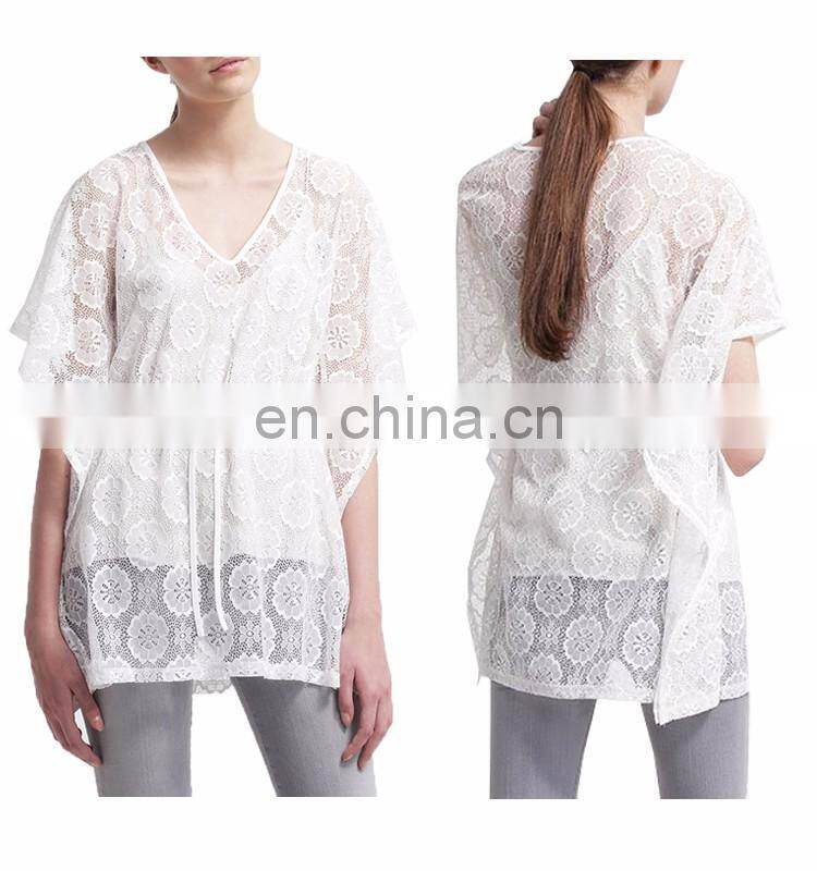 Fancy Flower Short Cover Up Bikini Lace V Neck Kaftan