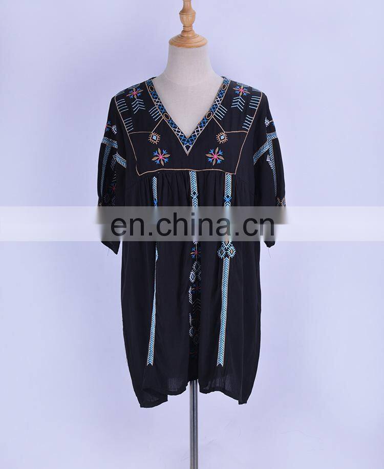 2019 Black Bohemian Embroidered Summer Beach Wear Cover-ups Cotton Tunic Women Sexy Mini Dress Swimsuit Cover Up Sarongs