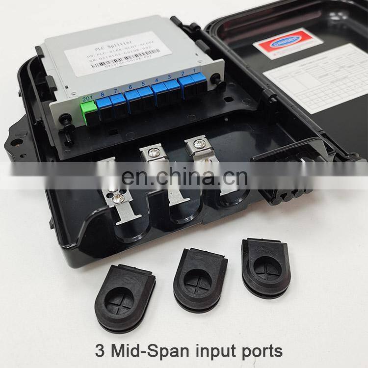 8 Cores 3 input mid-span ports optic fiber ftth Distribution termination box ftth drop cable box black color ABS material