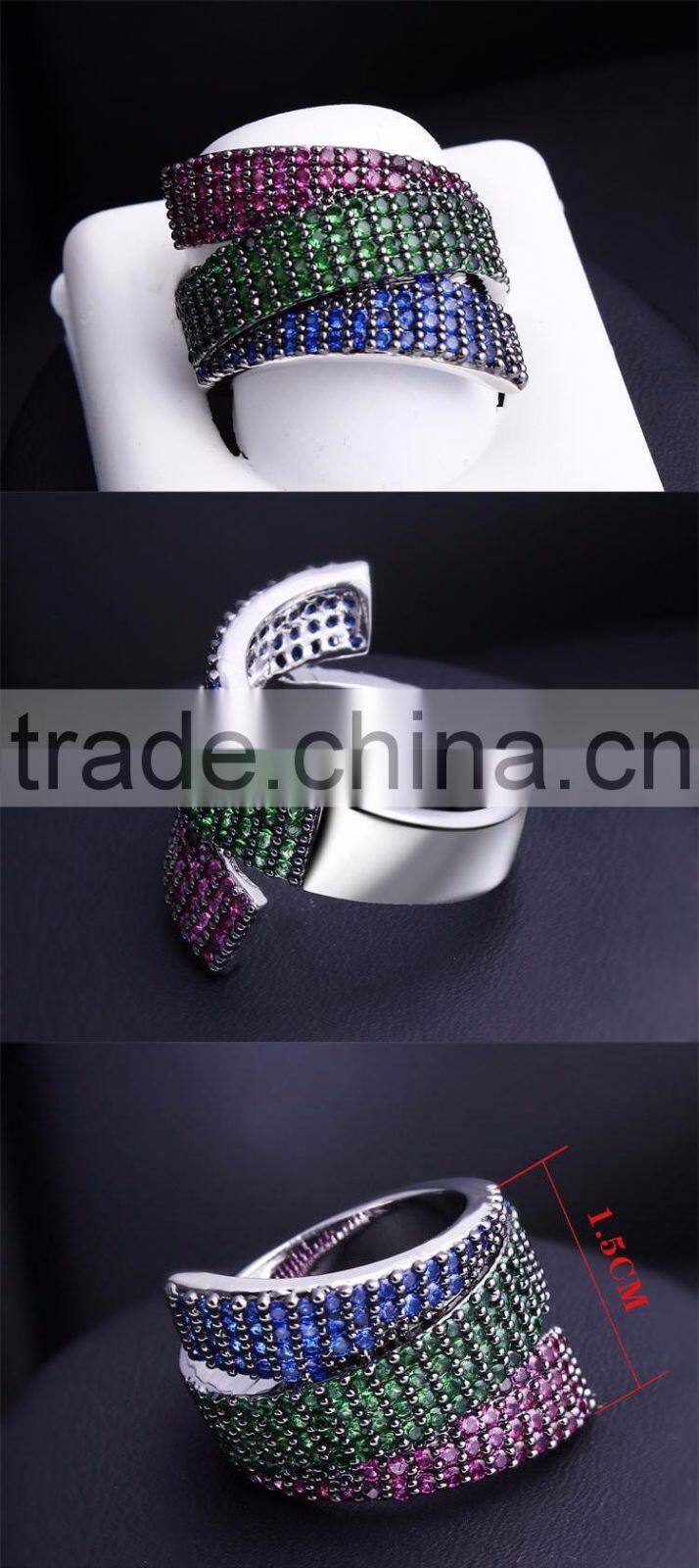 Unique 3 Strips Colorful Cubic Zirconia Siam Emerald Montana Cocktail Party Ring