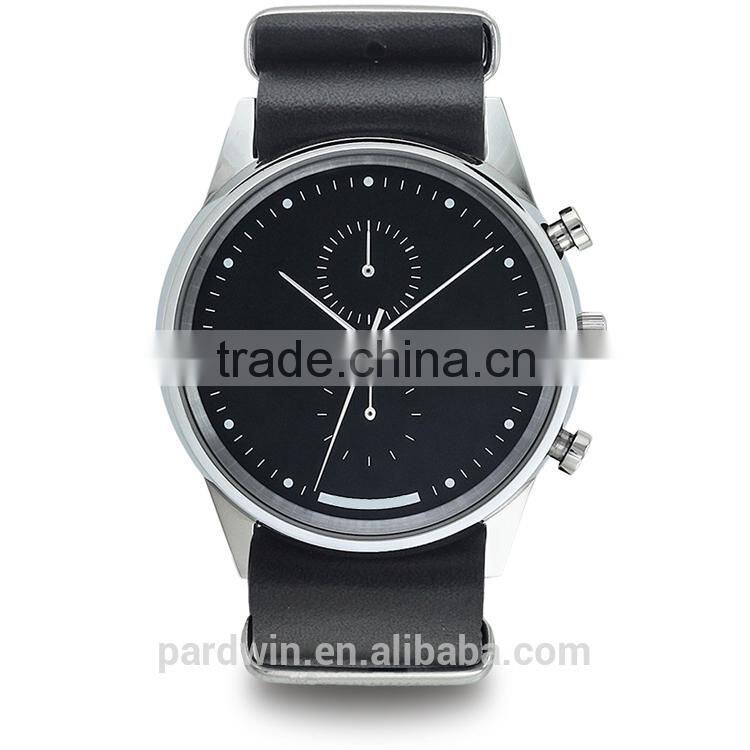 Sport designed watch japan chronograph quartz movement stainless steel case 10ATM water resistance black leather wristband