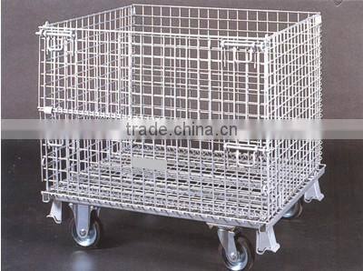 Folding industrial galvanized folding mesh box wire storage cage with wheels