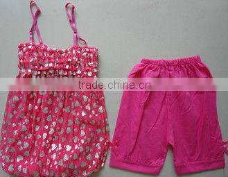 summer 160g Girl's chiffon dress and jersey pant 2pcs set