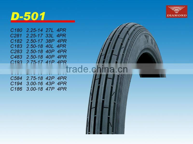 Front tire for motorcycle with linear pattern.