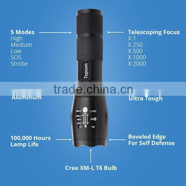 2000 Lumen Handheld Flashlight LED XML T6 Water Resistant Camping Torch Adjustable Focus Zoom Tactical Flashlight