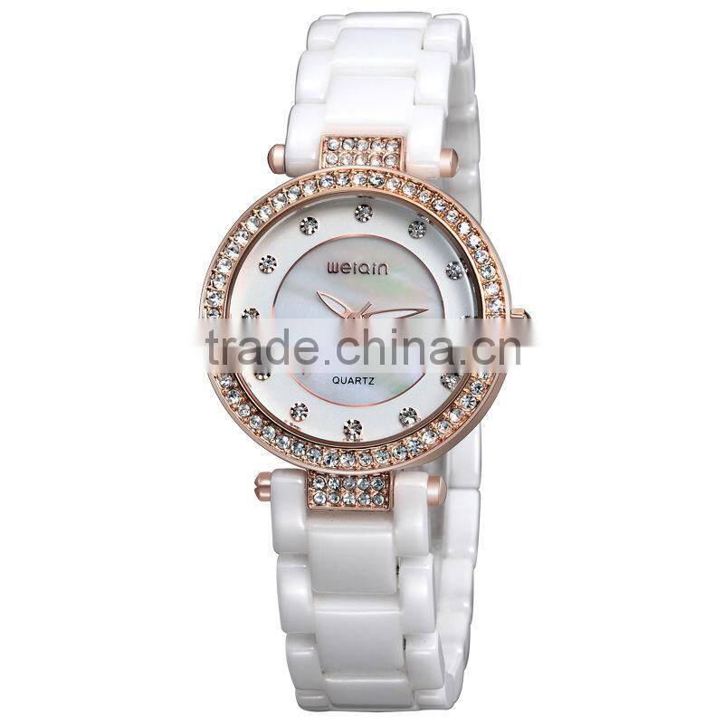 2015 fashion women diamonds sapphire crystal white ceramic watch