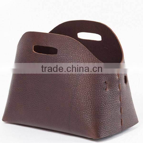High quality leather storage basket genuine leather magazine rack leather bin
