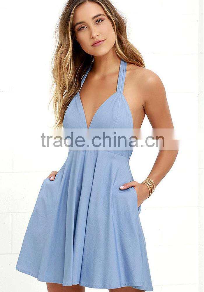 Ladies design dresses with picture backless halter new fashion ladies dress