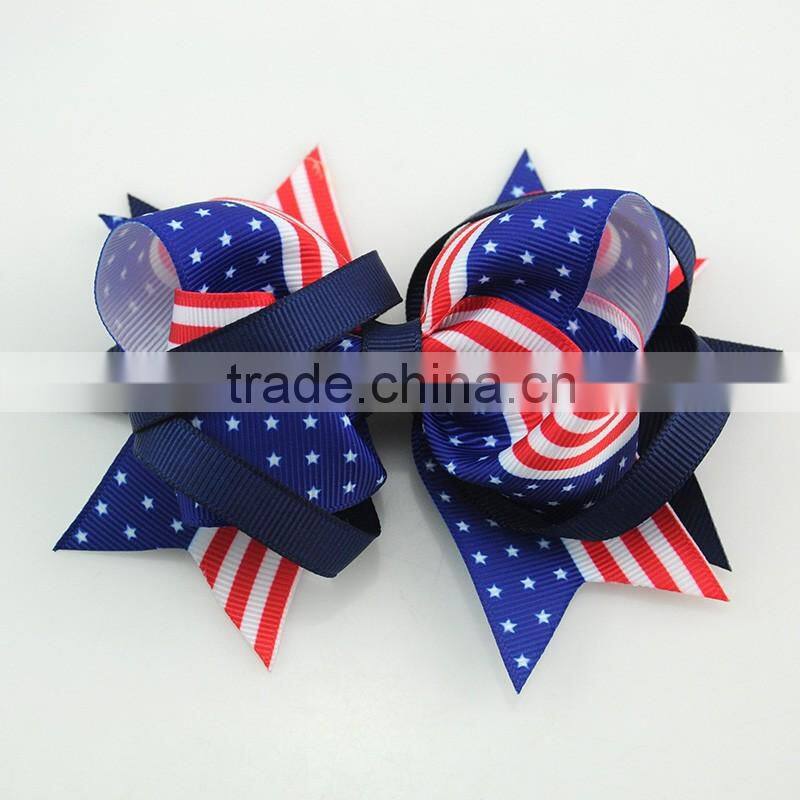 Unique design america flag big bowknot shape hair accessories silk ribbon hair pins