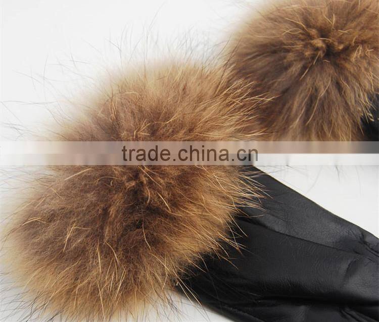 Womens Leather Gloves With Raccoon Fur Trim Black Genuine Sheep Leather With Lining