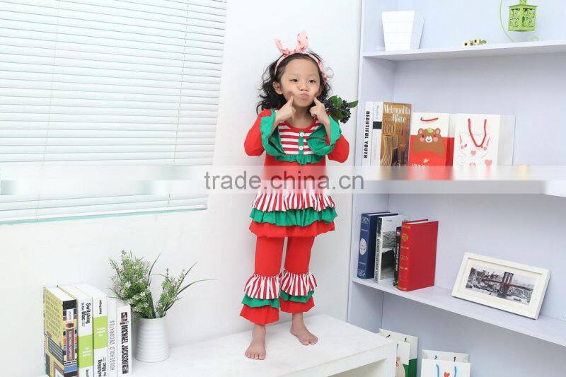 wholesale red boutique ruffle Christmas outfits two pieces Christmas pajamas for baby girls