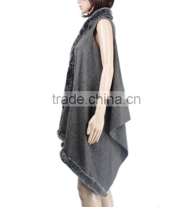 New Production cashmere cape with fur trim rabbit fur trim fur shawl KZ150097