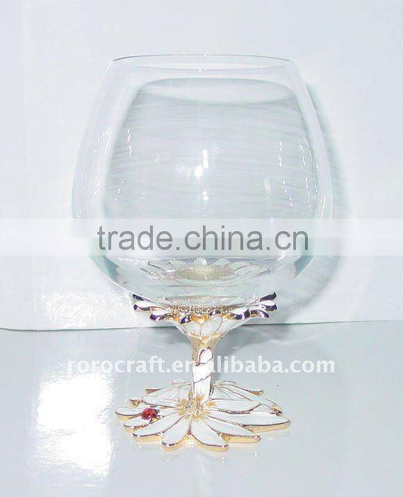 pewter base and stem with enamel color crystal wine glass