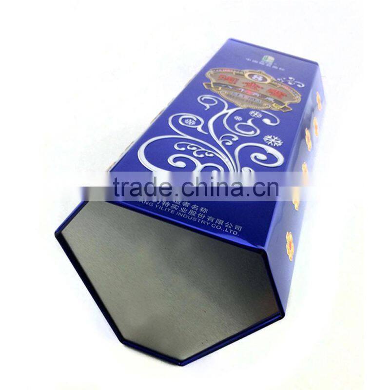 High quality hexagonal tin boxes metal wine tin container