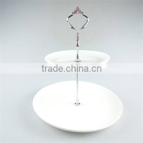 2 tier ceramic cake stand with iron handle for weeding/party use in stock